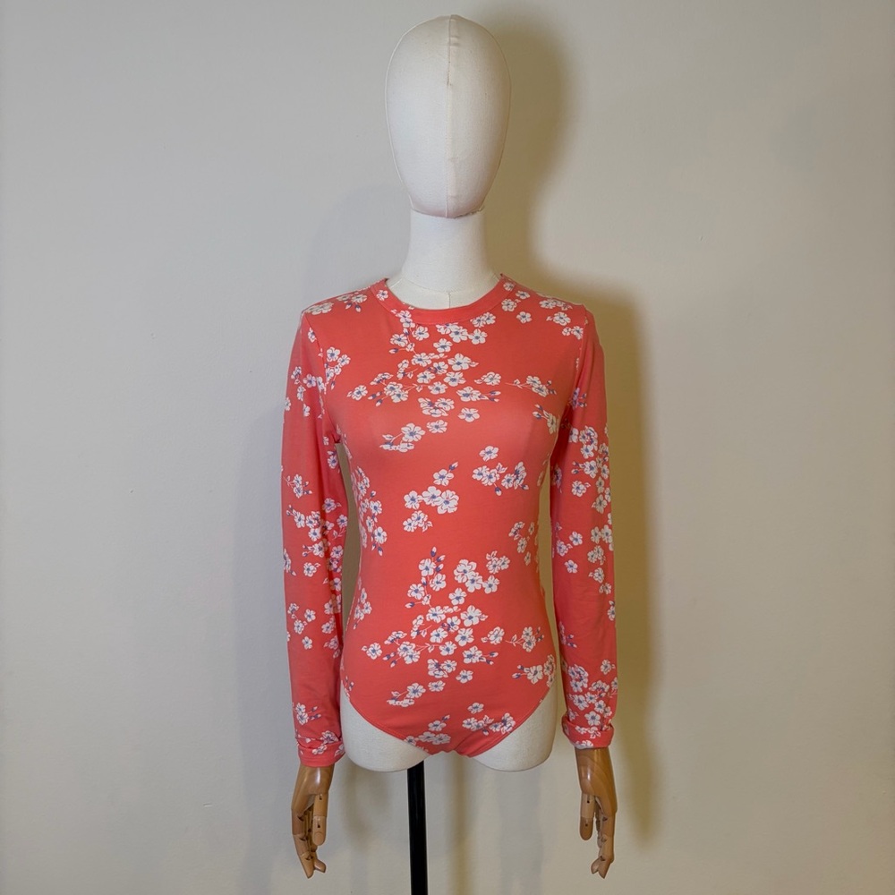 Forever 21 Coral Floral Long Sleeve Bodysuit - Size M